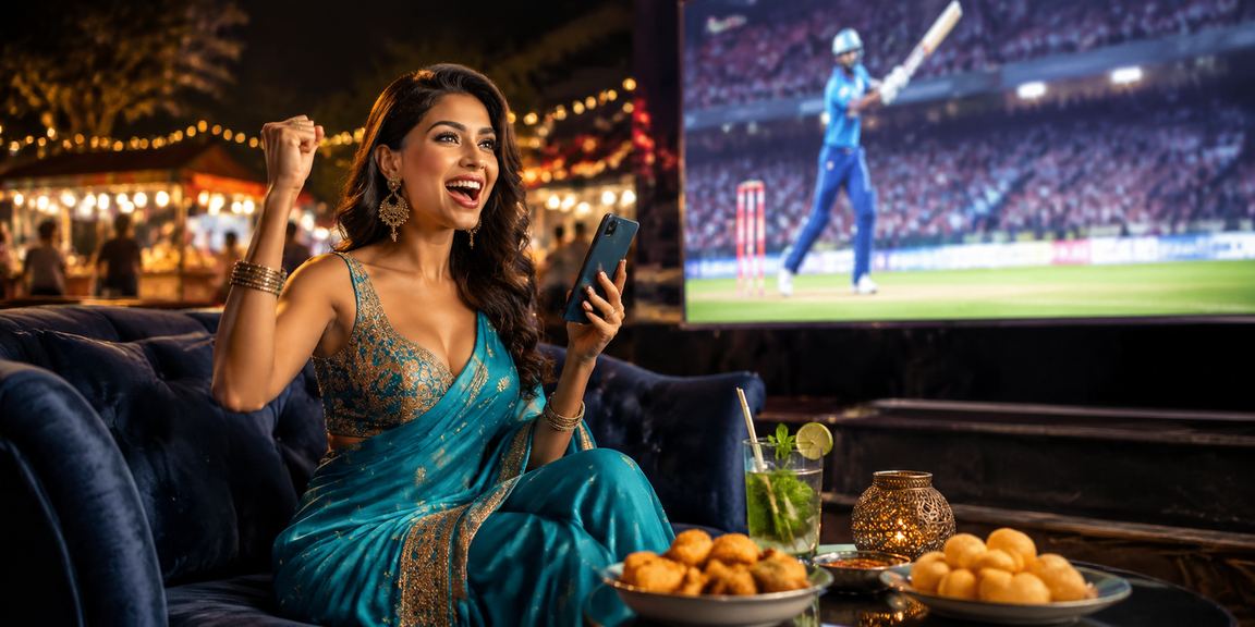 Indian woman enjoying Teen Patti and cricket betting on mobile