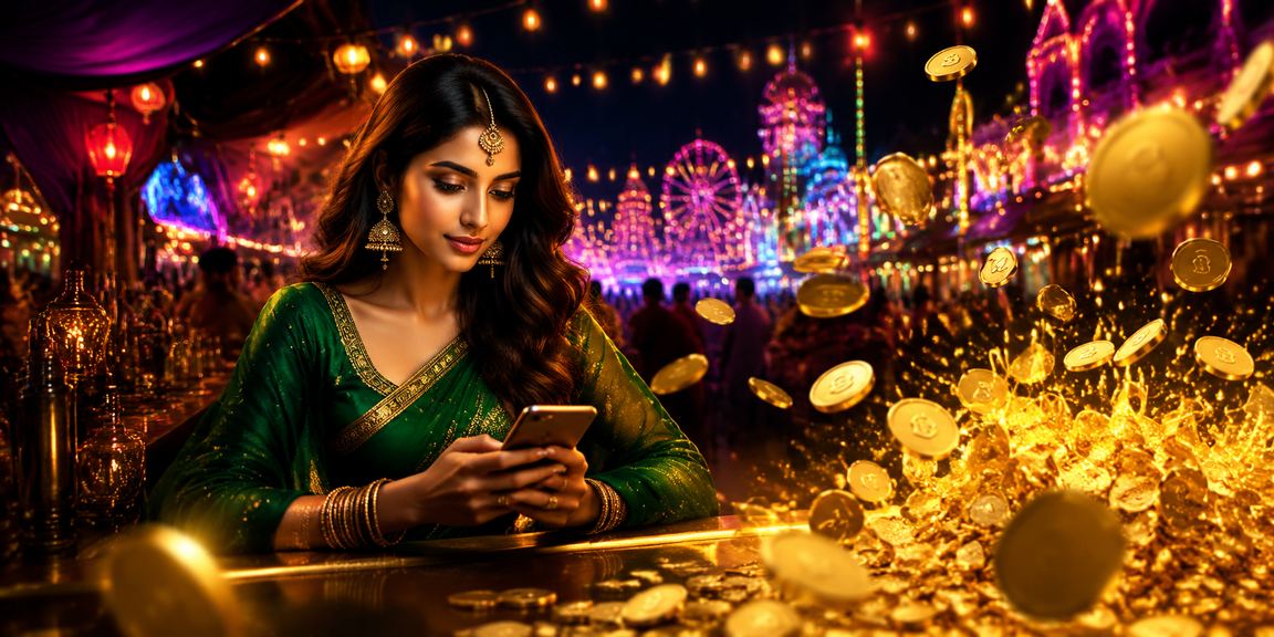 Indian woman playing Teen Patti game on mobile device wearing saree