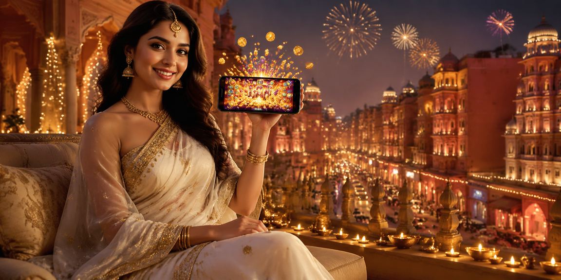 Indian woman playing slot game on mobile device in festive sari